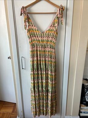 Gorgeous Verandah Green and Pink Summer Dress  Sleeveless Maxi Sundress Resort M